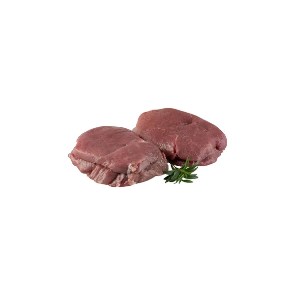 Friss Sertéshús Darabokra Vágva Grillezésre Kész Steak Fehér Alapon Elszigetelt — Stock Fotó