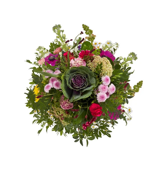 Bouquet Diverse Varietà Fiori Vista Dall Alto Isolato Sfondo Bianco — Foto Stock