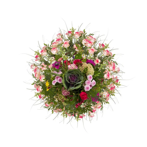 Bouquet Diverse Varietà Fiori Vista Dall Alto Isolato Sfondo Bianco — Foto Stock