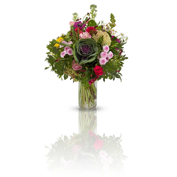 Bouquet Diverse Varietà Vaso Vetro Isolato Fondo Bianco Con Percorso — Foto Stock