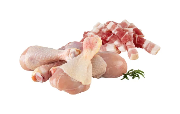 Färsk Kyckling Trumpinne Och Fläsk Belly Skära Isolerad Vit Bakgrund — Stockfoto