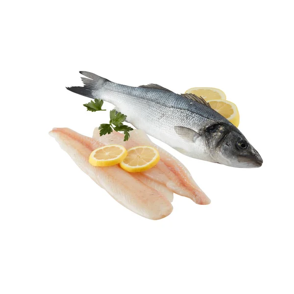 Sea Bass Fresh Fish Fillets Cut Out Isolated White Background Stock Picture