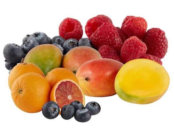 Fresh Blueberry Raspberry Mango Laranja Isolado Fundo Branco Com Recorte — Fotografia de Stock