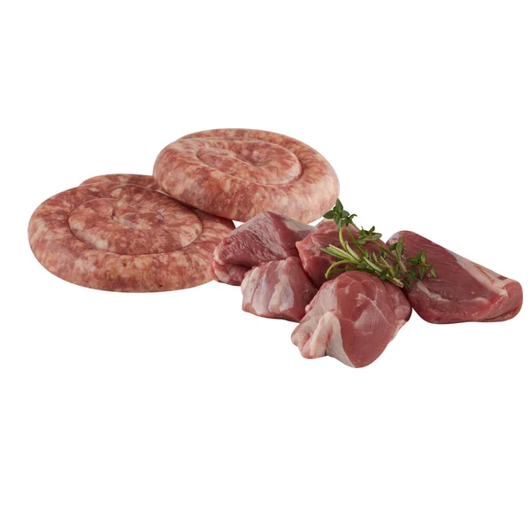 Carne Porco Fresca Salsicha Recortada Fundo Branco Isolado Com Caminho — Fotografia de Stock