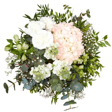 Taze çiçek buketi, üst görünüm kırpma yolu ile izole edilmiş beyaz arkaplan