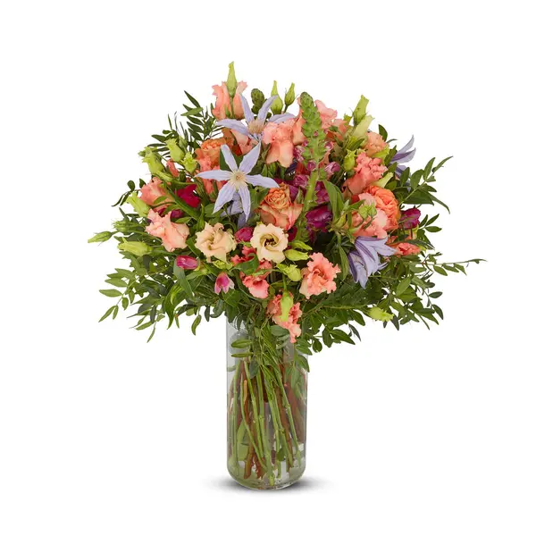 Fresh Bouquet of flowers in a glass vase cut out isolated white background with clipping path