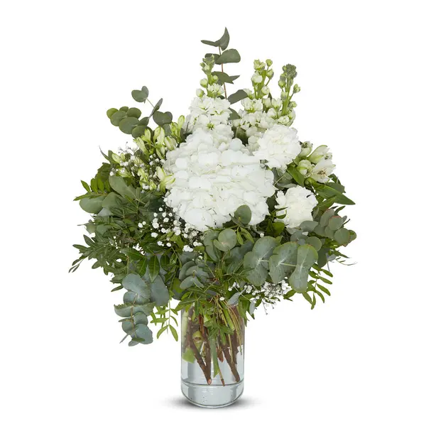 Fresh Bouquet of flowers in a glass vase cut out isolated white background with clipping path