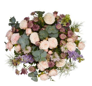 Açık pembe çiçek buketi, üst görünüm kesme yolu ile izole edilmiş beyaz arkaplan