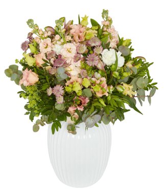 Yeşil çiçek buketi, beyaz vazo kesme yolu ile izole edilmiş beyaz arkaplan