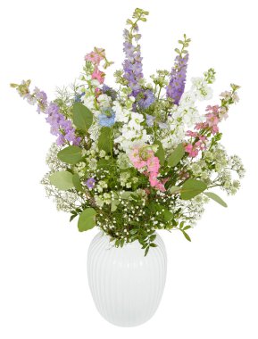 Beyaz mor çiçek buketi, beyaz vazo kesme yolu ile izole edilmiş beyaz arkaplan