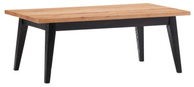 Eğri kenarlı ahşap masa ve siyah bacaklar kesme yolu ile izole beyaz arkaplan