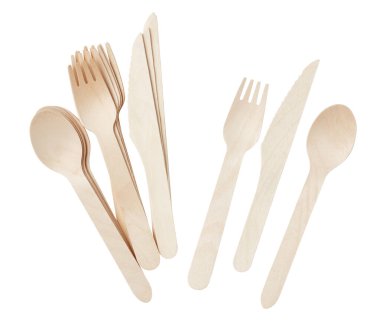 Tahta kaşık ve çatal, doğal malzeme kesme yolu ile izole beyaz arka plan