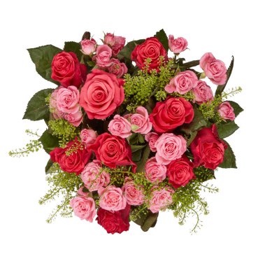 Kırmızı ve pembe çiçeklerden oluşan buket, yukarıdan görünen kesme yolu ile izole edilmiş beyaz arkaplan