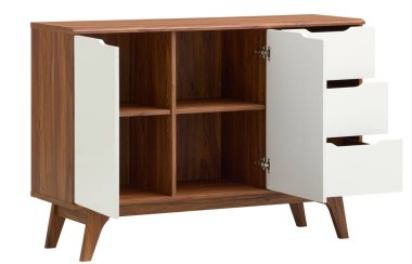 Ön penceresi açık olan kare meşe kabini kesme yolu ile izole edilmiş beyaz arkaplan