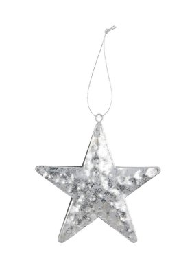 Asılı ipli gümüş Noel yıldızı süsü izole edilmiş beyaz arka plan ve kırpma yolu