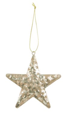 Asılı halatı olan altın Noel yıldızı süslemesi kesme yolu ile izole edilmiş beyaz arkaplan