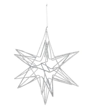 Gümüş yıldızlı Noel süsleme çerçevesi asılmış halatla izole edilmiş beyaz arka plan kırpma yolu ile