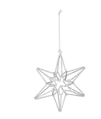 Gümüş yıldızlı çelik çerçeve, asılmış ipli Noel süsleri izole edilmiş beyaz arka plan kırpma yolu ile kesilmiş.
