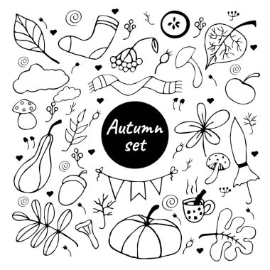 Vektör karalama çizimi. Beyaz arka planda büyük bir sonbahar seti. Sonbahar havası. Patern. El çizimi.