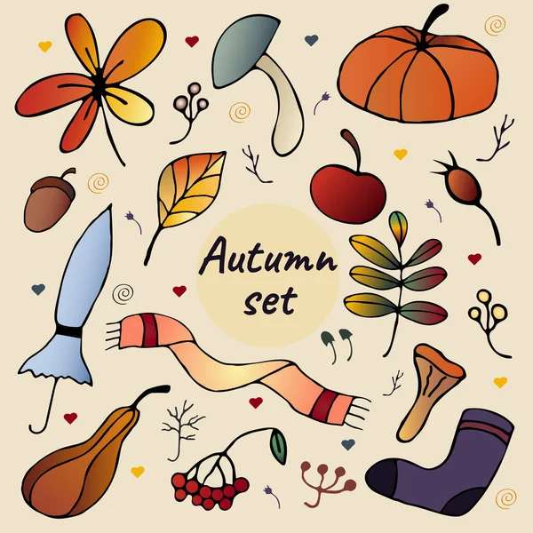 Jesienny Set Patern Zdjęcie Ilustracja Rysunek Bazgrołów — Wektor stockowy