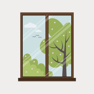 Vector illustration of the season - spring. View from the window. Spring landscape. Trees and bushes at different times of the year. Children's illustration. Illustration for books. clipart