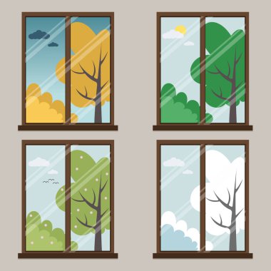 Four seasons: autumn, winter, spring-summer. Vector illustration of seasons. Windows with natural landscapes. Trees and bushes at different times of the year. Children's illustration. Illustration for clipart