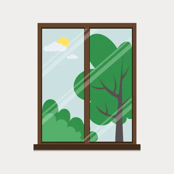 Vector illustration of the season - summer. View from the window. Summer landscape. Trees and bushes at different times of the year. Children's illustration. Illustration for books.
