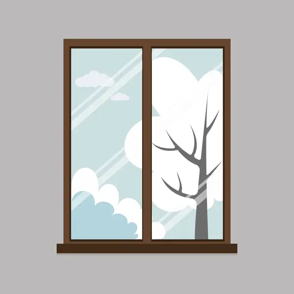 Vector illustration of the season - winter. View from the window. Winter landscape. Trees and bushes at different times of the year. Children's illustration. Illustration for books.