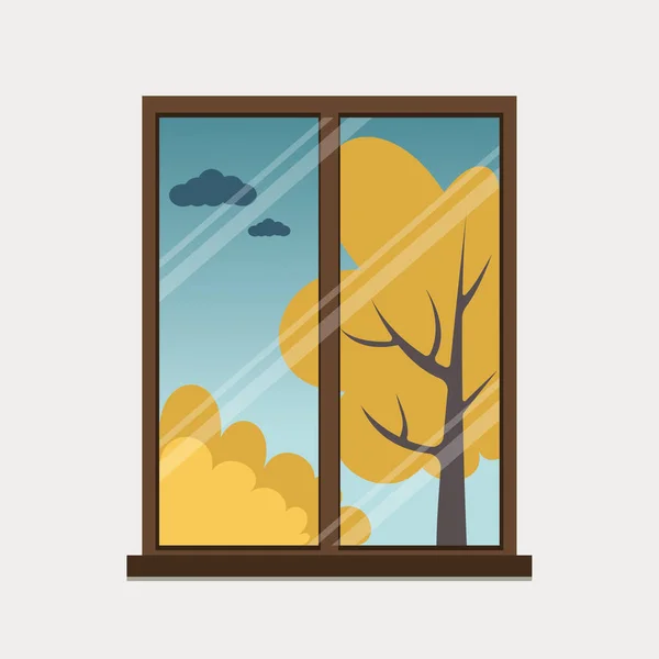 Illustration Vectorielle Saison Automne Vue Fenêtre Paysage Automne Arbres Buissons — Image vectorielle