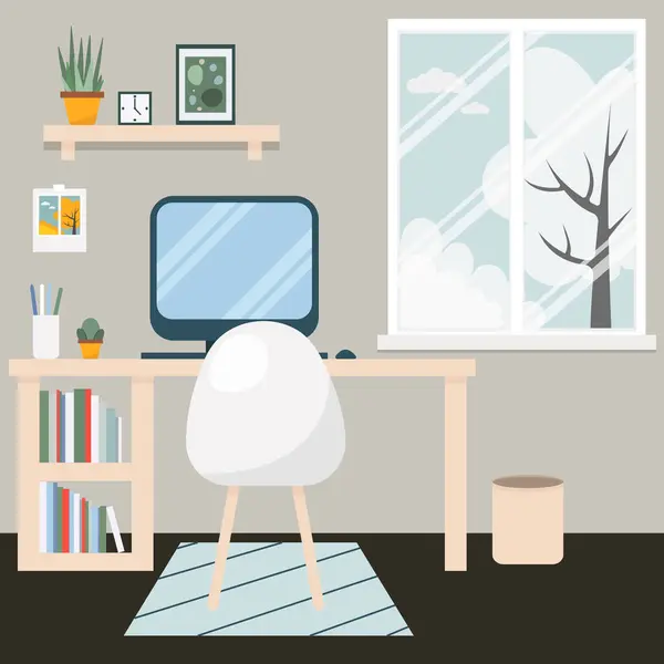 矢量图解 现代风格的工作空间的平面设计 每年的时候都是冬天 窗外的冬季风景 舒适的房间 — 图库矢量图片