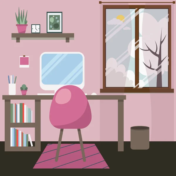 職場のある部屋のデザイン ピンクのかわいいインテリアデザイン バービースタイル — ストックベクタ