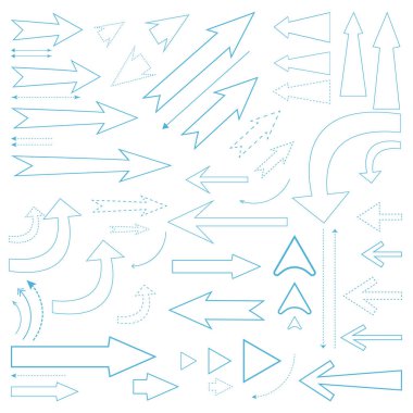 Mavi renkli el çizimi ok simgelerinin çizimleri.