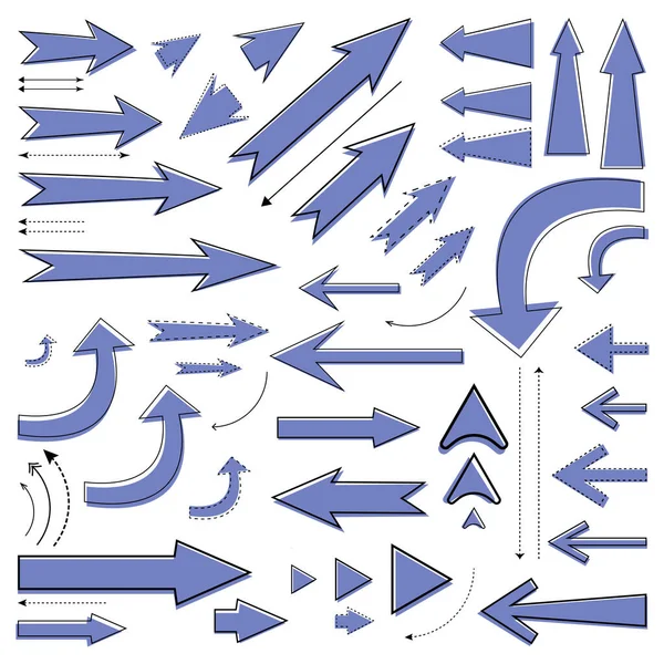 Farklı boylarda ve genişliklerde çizilmiş el oklarının mor çizimleri.