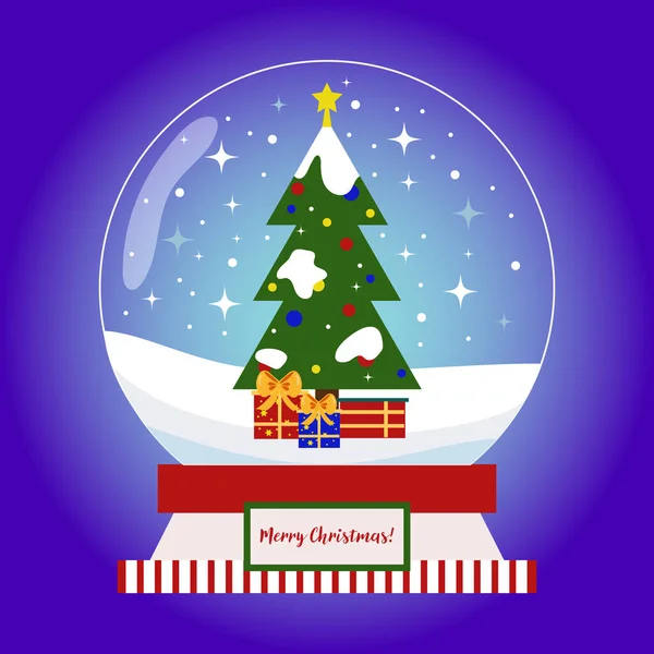 Kartopu. Noel ağacı ve kar taneleri olan kar küresi