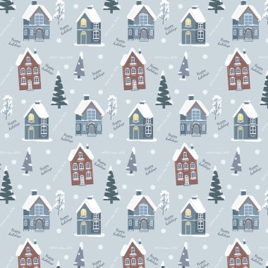 İskandinav tarzı kışlık evlerin arka planı pürüzsüz. Noel deseni.