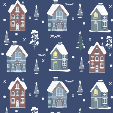 İskandinav tarzı kışlık evlerin arka planı pürüzsüz. Noel deseni.