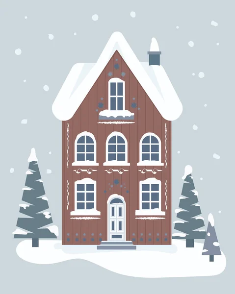 Kışlık evler, düz vektör çizimleri. Noel ve Yeni Yıl kartları, davetiyeler ve web illüstrasyonları