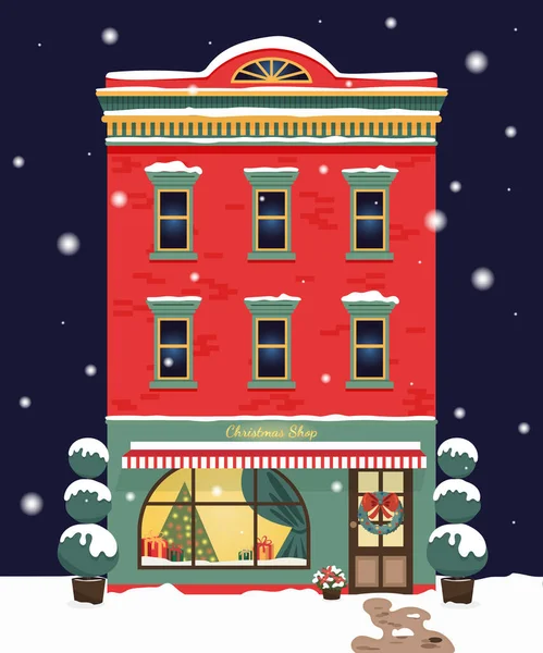 Noel hediyelik eşya dükkanı. Gece bir binanın ön cephesi dekore edilmiş. Düz bir şekilde vektör illüstrasyonu. Kış şehri. Noel hediyeleri, Noel pazarı. Noel ve yeni yıl afişi. Vektör illüstrasyonu.