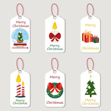 Noel etiketi şablonları. Noel için hediye etiketleri. Yazdırma için altı dekoratif etiketten oluşan vektör tasarımı.