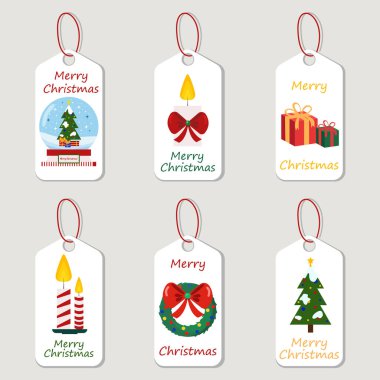 Noel etiketi şablonları. Noel için hediye etiketleri. Yazdırma için altı dekoratif etiketten oluşan vektör tasarımı.