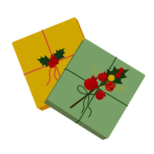 Tatlı ambalajlı Noel hediyeleri düz çizgi film tarzında beyaz arka planda izole edilmiş