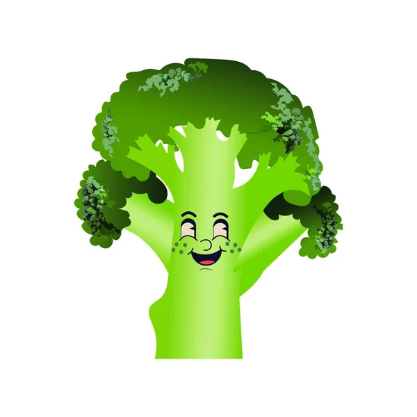 Neşeli yüzlü, sevimli bir sebze karakteri. Yeşil, sulu, sağlıklı brokoli. Beyaz arkaplanda izole edilmiş bebek düz grafik vektör çizimi.