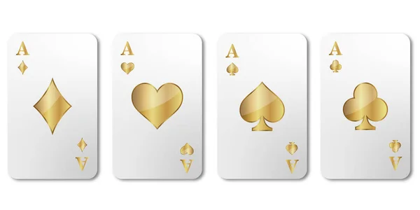  Kağıt oynayan dört altın asın vektör çizimi. Poker eli kazanmak. Kupa, maça, sinek ve altın renkli karo ası.