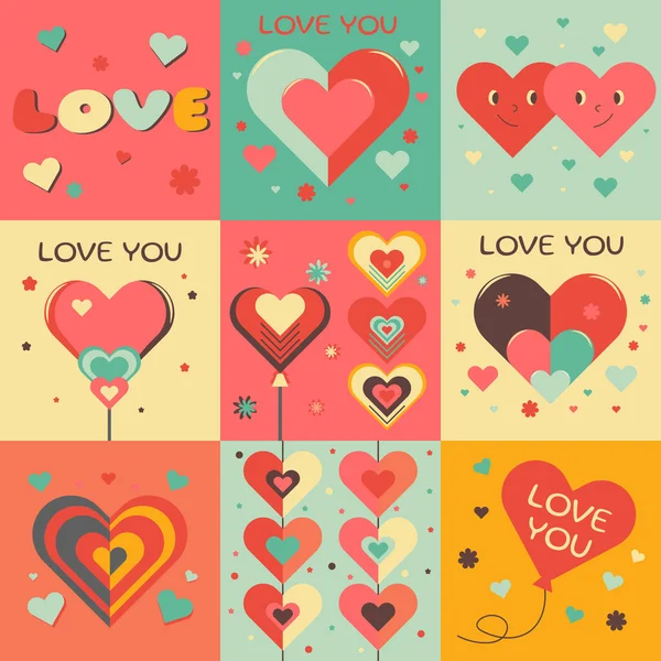 Sevgililer Günü için sevimli kalpleri olan neşeli geometrik desen. Tebrik kartları, ambalajlar, posterler, el ilanları, ambalaj kağıdı, web kaynağı için vektör illüstrasyonuName