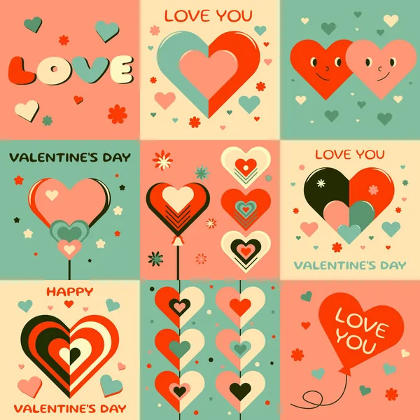 Sevgililer Günü için sevimli kalpleri olan neşeli geometrik desen. Tebrik kartları, ambalajlar, posterler, el ilanları, ambalaj kağıdı, web kaynağı için vektör illüstrasyonuName