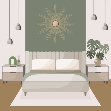 Bej renkli, yeşil renkli, modern dekorlu, rahat bir yatak odası. Vektör illüstrasyonu