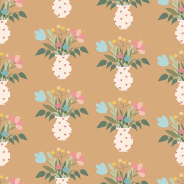 Vazoda bir buket çiçekli hoş, pürüzsüz desen. Işık arkaplanındaki yazdırma için vektör illüstrasyonu.