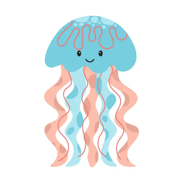 Gülen tatlı bir denizanası çizgi filmi. Beyaz arkaplanda izole edilmiş düz biçimli resim.