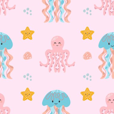 Şirin denizanası ve ahtapotla kusursuz desen. Vektör illüstrasyonu.