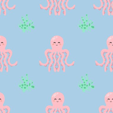 Sevimli ahtapot çizgi filmiyle kusursuz desen. Vektör illüstrasyonu.